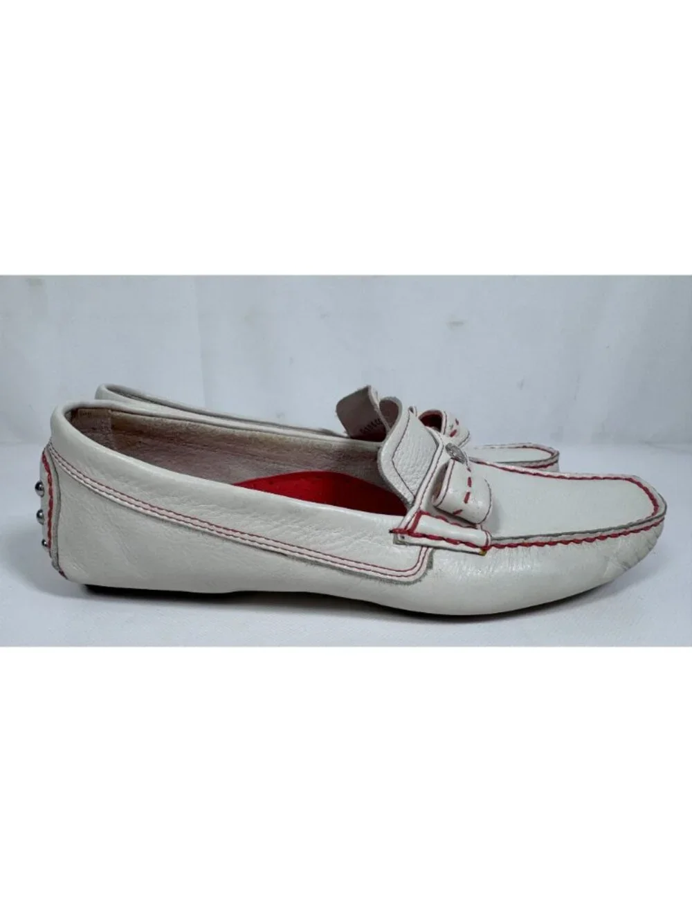 Cole Haan Women White Leather Driving Loafers Shoes Red Stitch Bow Size 8.5 B